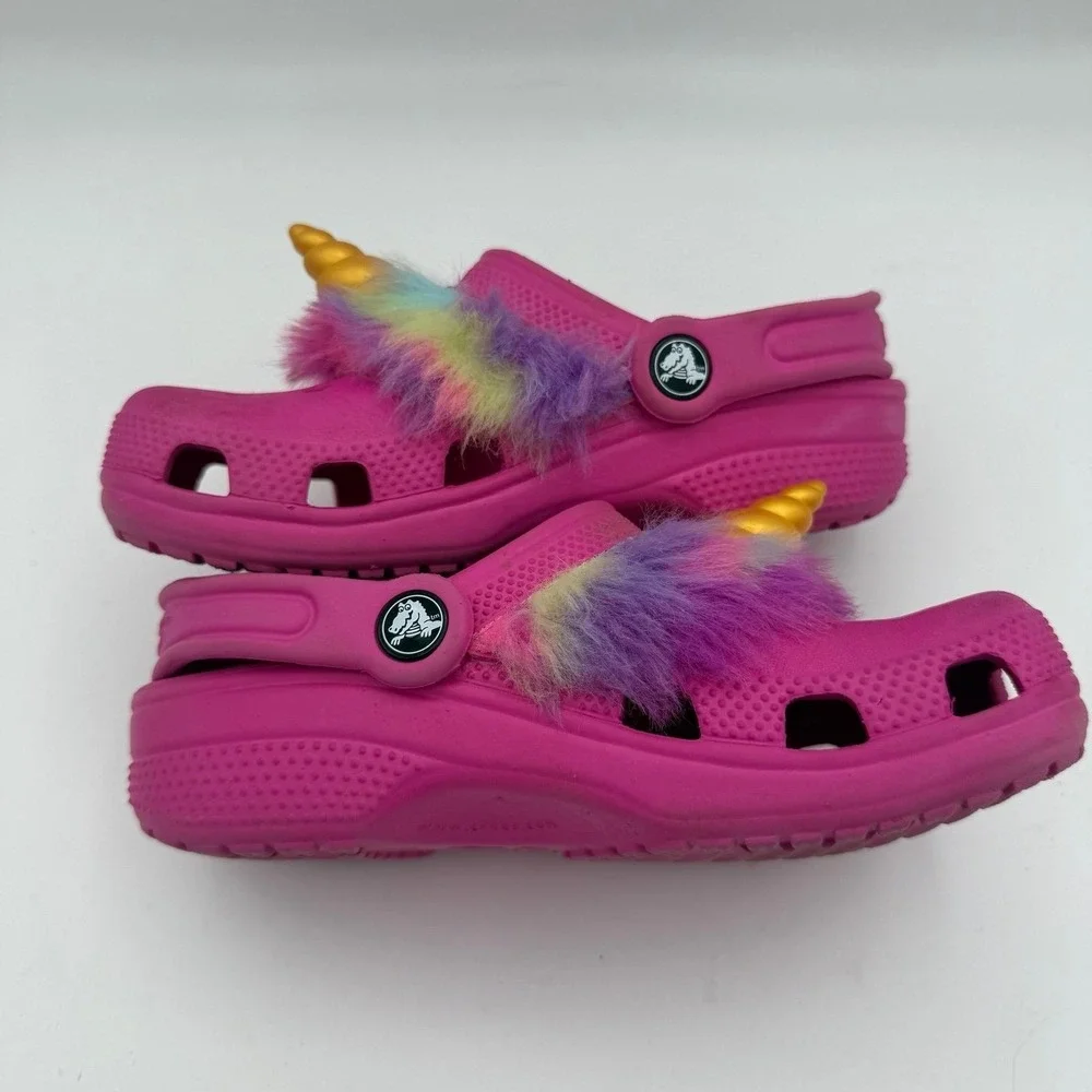 Youth Unisex Girls Crocs I Am Unicorn‎ Fuchsia Pink Multi-Colored Clogs Size J 1